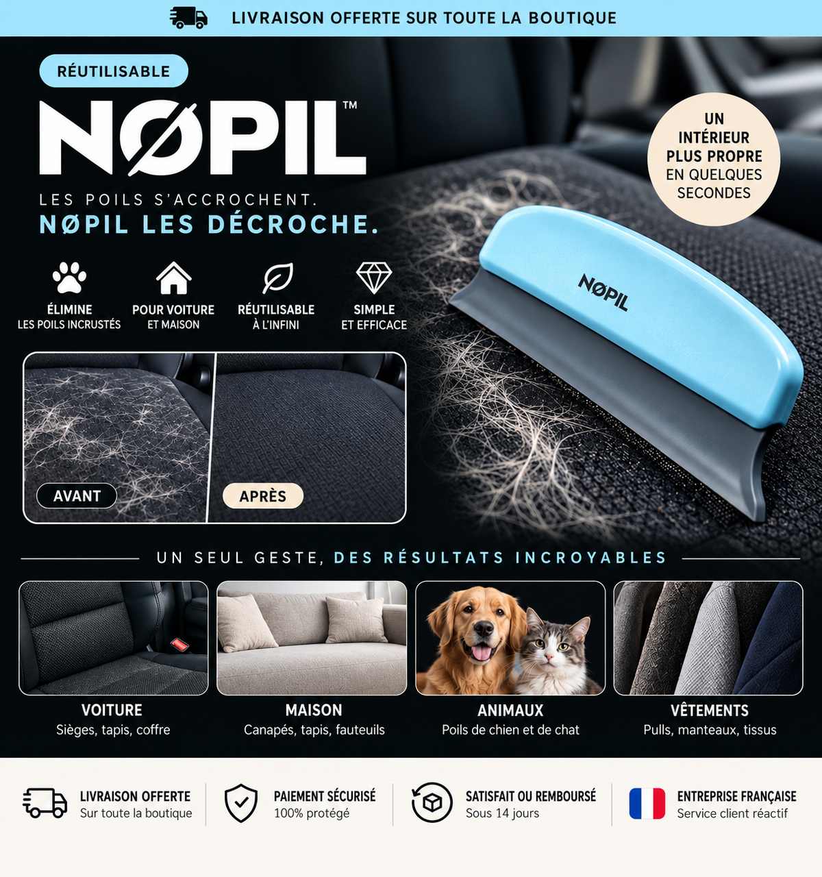 NØPIL Original, brosse anti-poils réutilisable pour voiture et maison